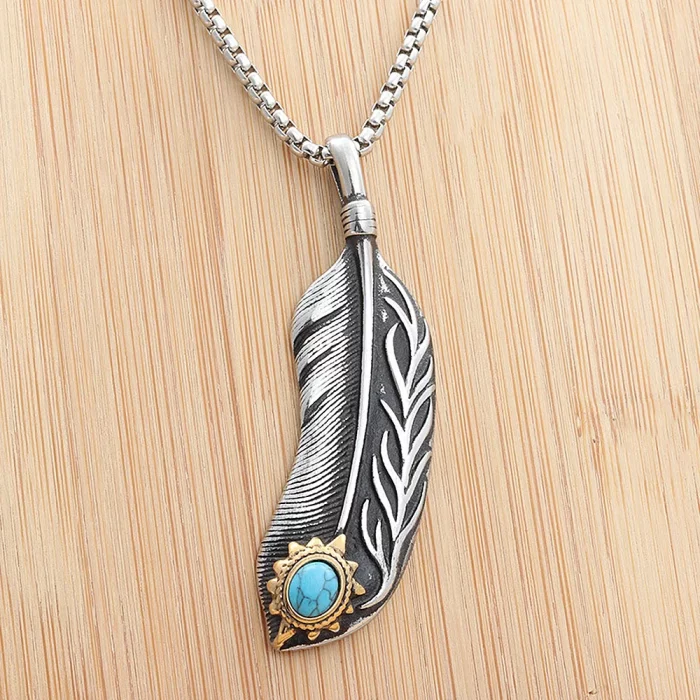 Vintage Stainless Steel Feather Necklace For Men Women Punk Biker Feather Green Stone Pendant Necklaces Fashion Jewelry Gifts - Image 5