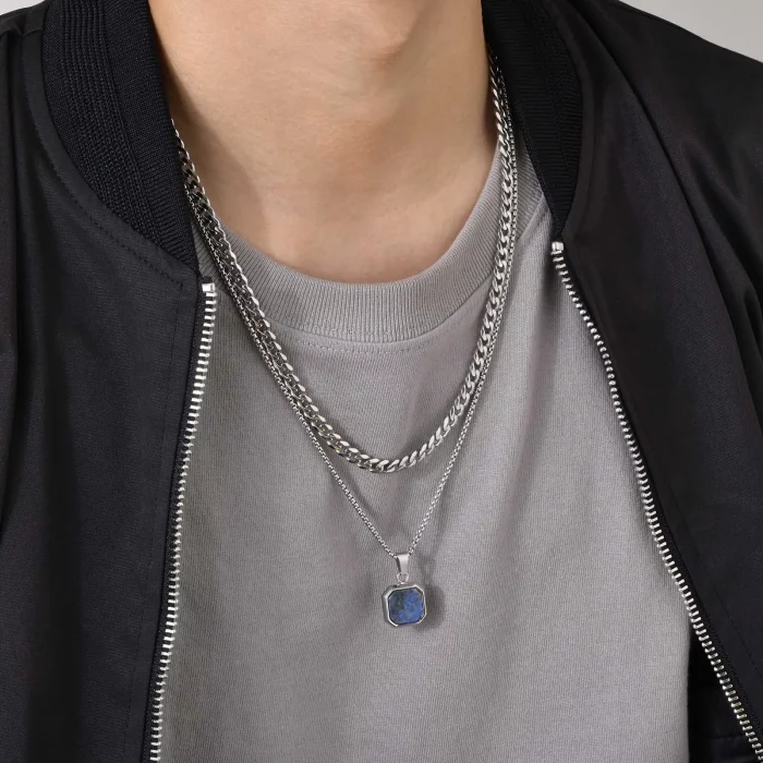 Vnox 15mm Square Pendant Necklace for Men, Gemetric Enamel Lapis Lazuli Stone Pendant with Box Chain, Simple Sport Neck Collar - Image 6