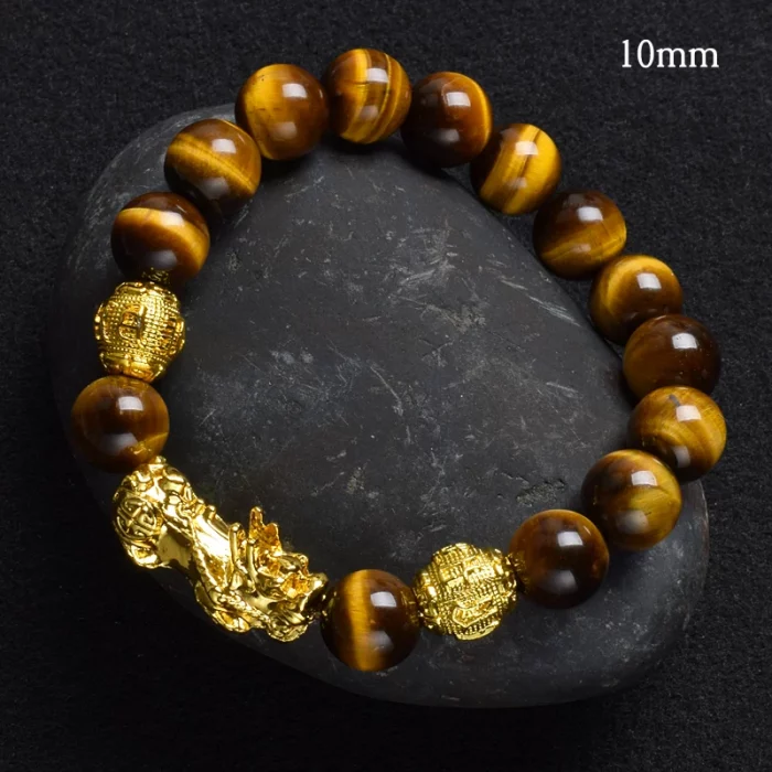 Pi Xiu Tiger Eye Stone Beads Bracelet Feng Shui Yellow Power Stone Women Men Elastic Jewelry Gold Color Pixiu Good Luck Bracelet - Image 1