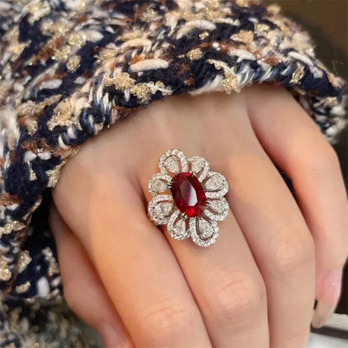 Fashion Drop Pendant Pear-shaped Zirconia Ring 925 Stamp High Quality Jewellery Imitation Natural Pigeon Blood Ruby Oval Ring - Image 5