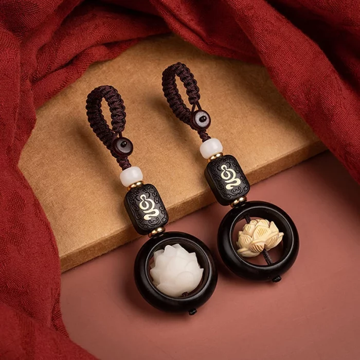 New Buddhism Lotus Flower Keychain Accessories Wooden Buddha Lucky Beads Keyring Pendant Car Bag Key Chain Buddhist Gift - Image 2