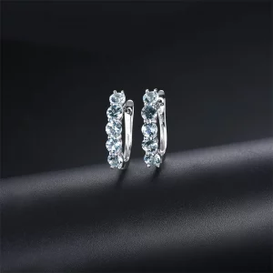 Natural Aquamarine 925 Silver Hoop Earrings Light Blue Gemstone Solid 925 Sterling Silver Simple Earrings for Women