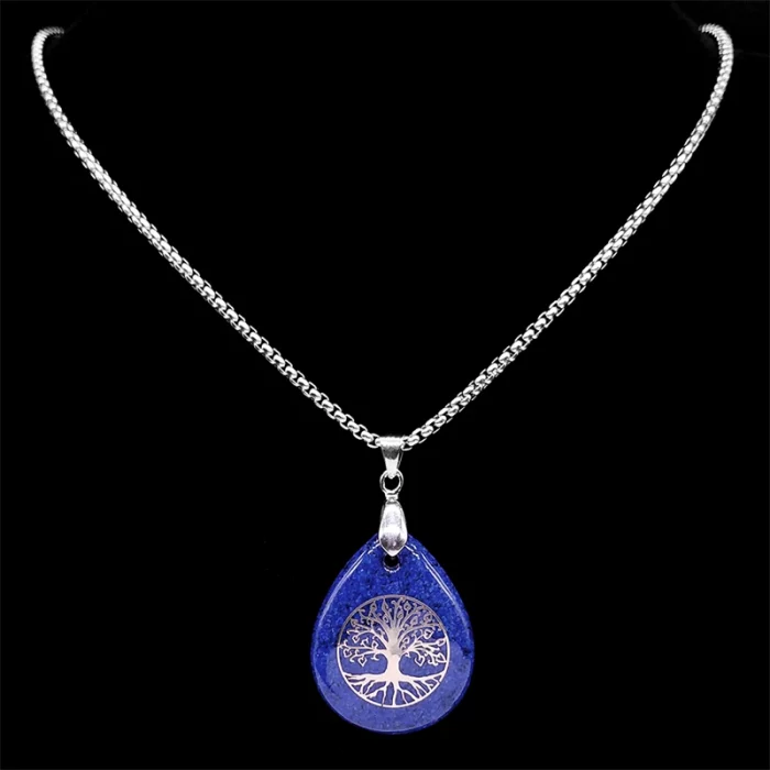 Yoga Tree of Life Necklace for Women Men Lapis Lazuli Stone Stainless Steel Silver Color Amulet Chain Jewelry collier NZZZ366-5S - Image 5