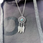 Gothic Dream Catcher Pendant Necklace For Women Retro Green Crystal Ancient Silver Color Plated Feather Leaf Jewelry Accessories - Image 4