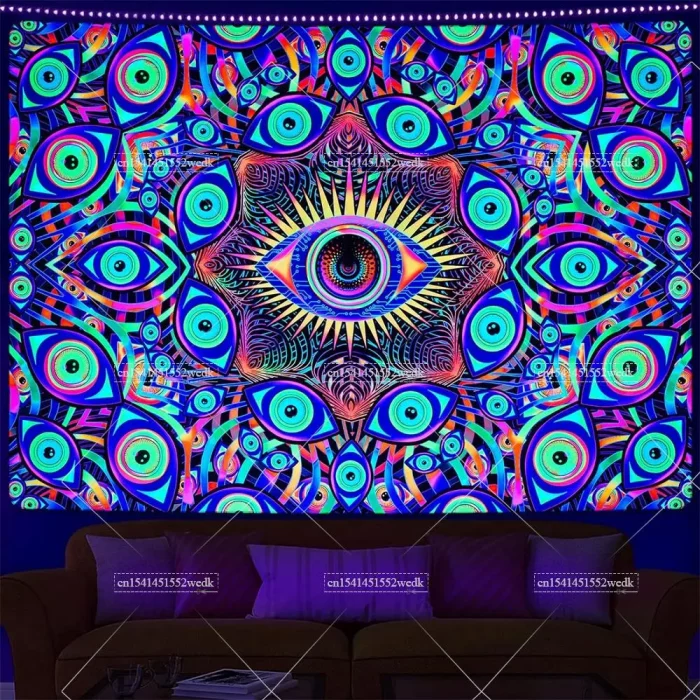 Blacklight Eyes Tapestry Boho Mandala Black Light Tapestries Hippie UV Reactive Wall Tapestry Trippy Abstract Tapestry For Room - Image 3