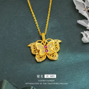 Luxury 24K 9999 Pure Gold real gold Silk Hollow Ruby Butterfly Pendant Butterfly Necklace Women's Clavicle Chain