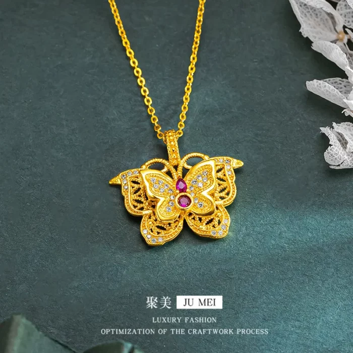 Luxury 24K 9999 Pure Gold real gold Silk Hollow Ruby Butterfly Pendant Butterfly Necklace Women's Clavicle Chain - Image 5