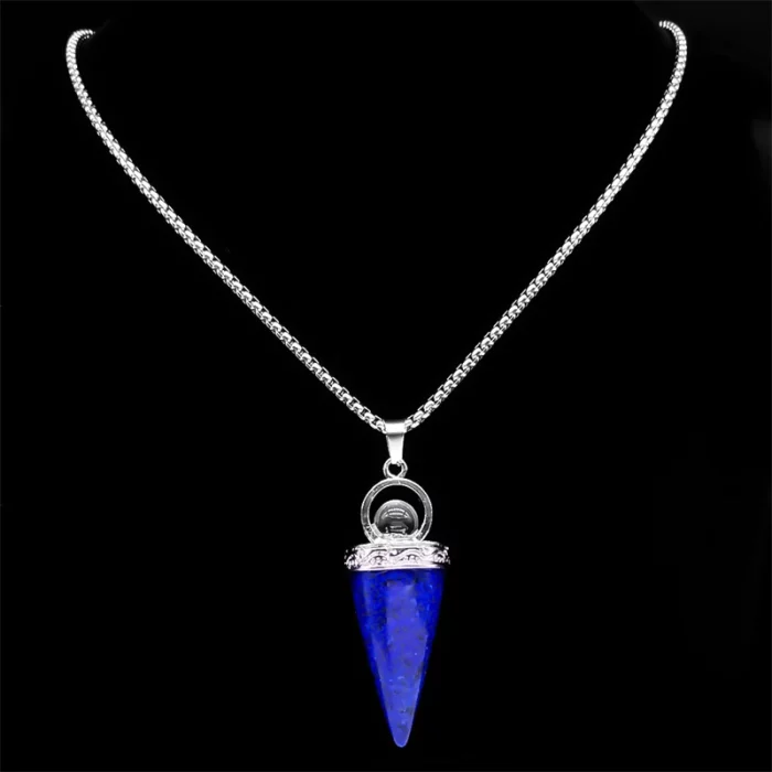 Witch Ball Conical Blue Lapis Lazuli Stone Pendant Necklace Women Men Stainless Steel Wicca Pagan Chain Jewelry colier NZZZ372-1 - Image 3