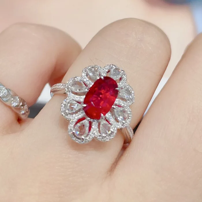 Fashion Drop Pendant Pear-shaped Zirconia Ring 925 Stamp High Quality Jewellery Imitation Natural Pigeon Blood Ruby Oval Ring - Image 6