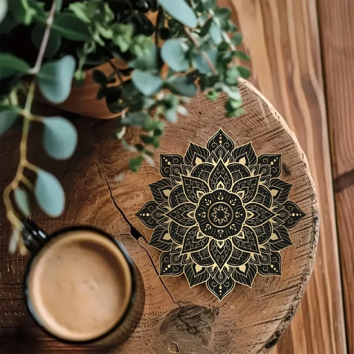 Set of 6 2D Black and Gold Mandala Theme Pattern Art Coasters Round Wooden Heat ResistantNon-SlipHomeDecorGiftMulti-Functional - Image 2