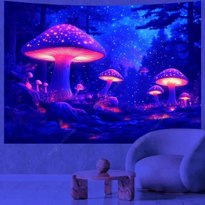 Mushroom Forest UV Reactive Tapestry Wall Hanging for Psychedelic Art Mystic Kawaii Room Decor Mandala Yoga Mat Picnic Carpet - Image 5