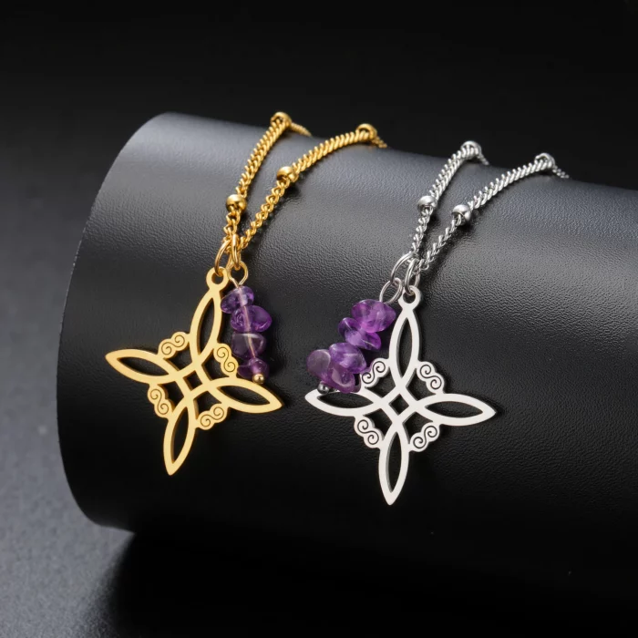 Skyrim Purple Crystal Witch Knot Pendant Necklace Women Stainless Steel Beads Chain Vintage Amulet Witchcraft Jewelry Gift - Image 6