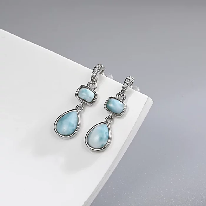 New Fashion Geometry Streamlined Long 925 Sterling Silver Jewelry Girl Natural Precious Larimar Earrings Women - Image 4