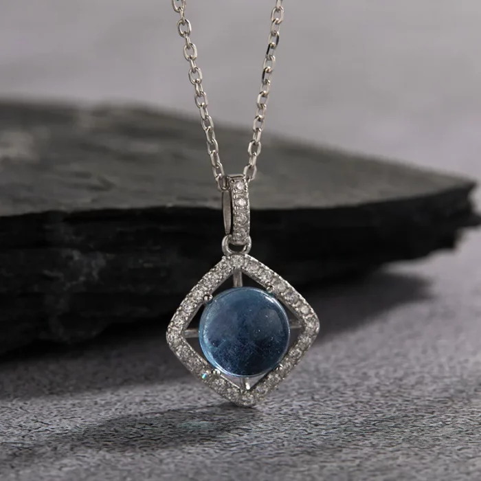 Dawn's Jewel S925 Sterling Silver Natural Aquamarine Colored Gems Necklace Women's Fashion Personality All-match Square Pendant - Image 4