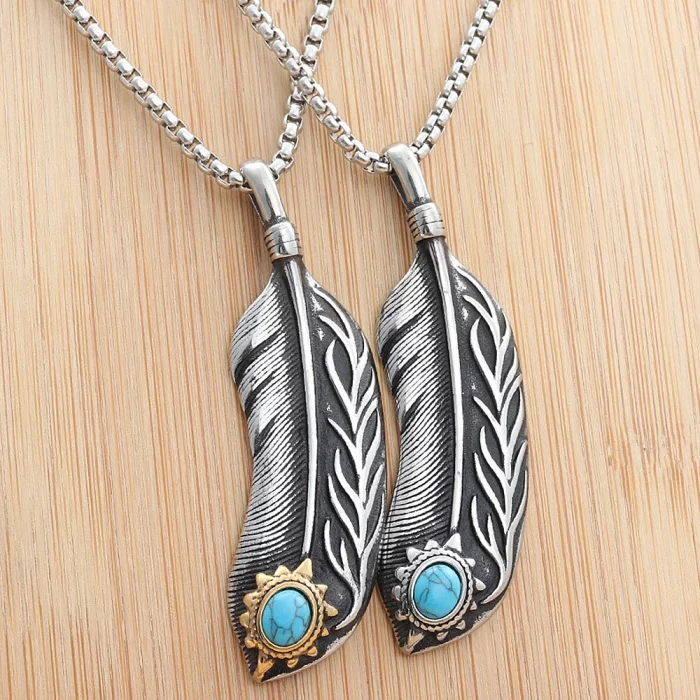 Vintage Stainless Steel Feather Necklace For Men Women Punk Biker Feather Green Stone Pendant Necklaces Fashion Jewelry Gifts - Image 2