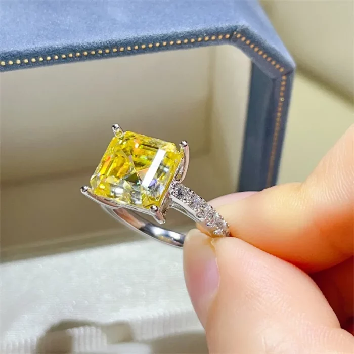 NKHOG Asscher Cut Moissanite Rings S925 Silver Square Yellow Diamond Women Men Luxury Wedding Band Jewelry Gifts GRA Certificate - Image 4