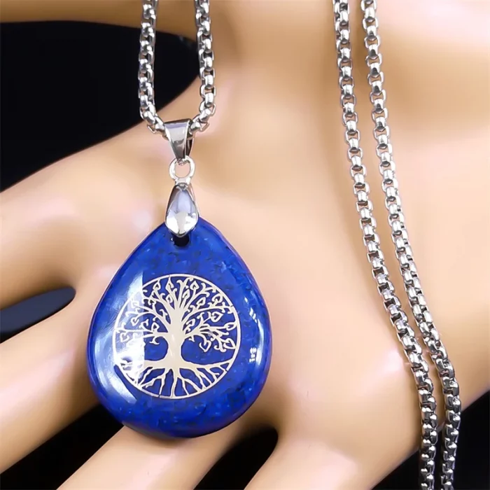 Yoga Tree of Life Necklace for Women Men Lapis Lazuli Stone Stainless Steel Silver Color Amulet Chain Jewelry collier NZZZ366-5S - Image 2