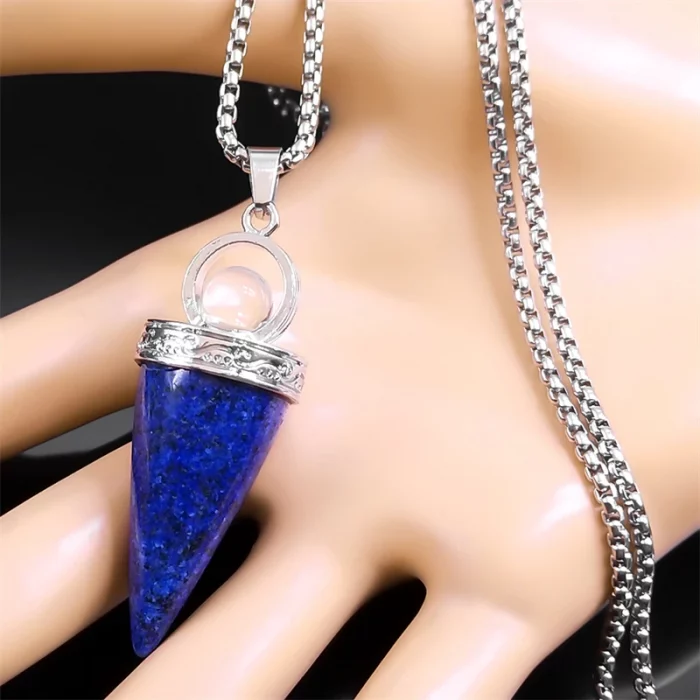 Witch Ball Conical Blue Lapis Lazuli Stone Pendant Necklace Women Men Stainless Steel Wicca Pagan Chain Jewelry colier NZZZ372-1 - Image 6