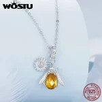 WOSTU Real 925 Sterling Brazil Citrine Crystal Honeybee Daisy Pendant Necklace For Women Wedding Party Bridal Gift Wholesale