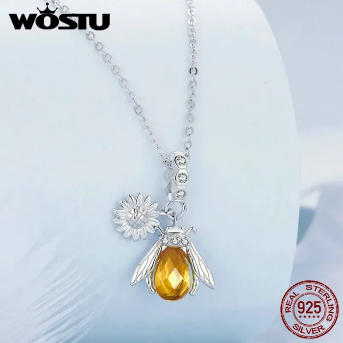 WOSTU Real 925 Sterling Brazil Citrine Crystal Honeybee Daisy Pendant Necklace For Women Wedding Party Bridal Gift Wholesale - Image 6