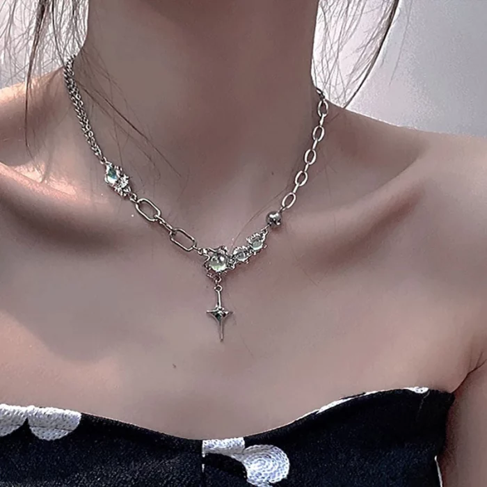 JWER Trendy Bling Moonstone Star Cross Pendant Necklace for Women Punk Hip Hop Star Chain CrystalNecklace Party Y2K Jewelry Gift - Image 5