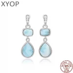 New Fashion Geometry Streamlined Long 925 Sterling Silver Jewelry Girl Natural Precious Larimar Earrings Women - Image 2
