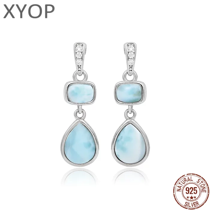 New Fashion Geometry Streamlined Long 925 Sterling Silver Jewelry Girl Natural Precious Larimar Earrings Women - Image 2
