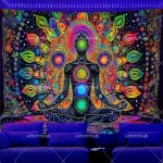 Blacklight Tapestry Seven Chakra Yoga Meditation Tapestry UV Reactive Black Light Poster Lotus Spiritual Wall Hanging For Room