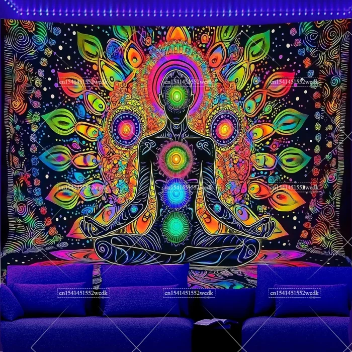 Blacklight Tapestry Seven Chakra Yoga Meditation Tapestry UV Reactive Black Light Poster Lotus Spiritual Wall Hanging For Room - Image 2