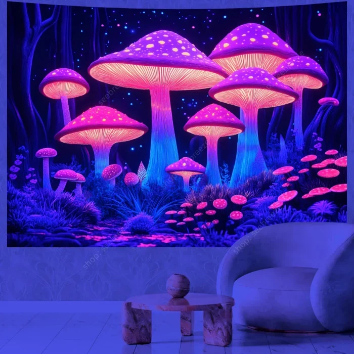 Mushroom Forest UV Reactive Tapestry Wall Hanging for Psychedelic Art Mystic Kawaii Room Decor Mandala Yoga Mat Picnic Carpet - Image 3