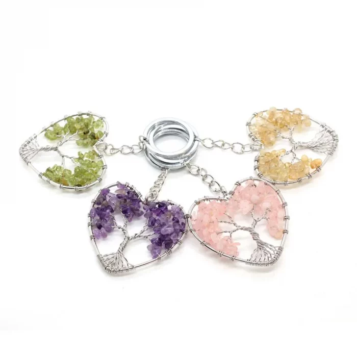 Crystal Chip Stone Heart Keychain For Women Wire Wrapped Tree of Life Natural Amethyst Rose Quartz Key Ring Key Holder Decor - Image 3