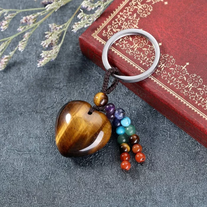Natural Rose Quartz Heart Crystal Keychain 7 Chakra Healing Gemstone Key Ring Charm for Women Girls - Image 3
