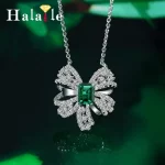 Halaile S925 Sterling Silver Lab-grown Emerald with Certificate Bowknot Pendant Necklace Fine Jewelry Neck Chain Gift for Women