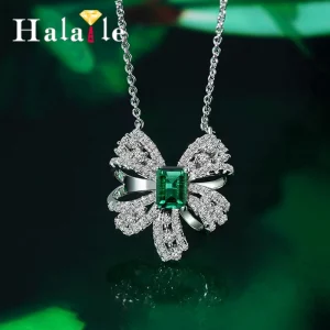 Halaile S925 Sterling Silver Lab-grown Emerald with Certificate Bowknot Pendant Necklace Fine Jewelry Neck Chain Gift for Women