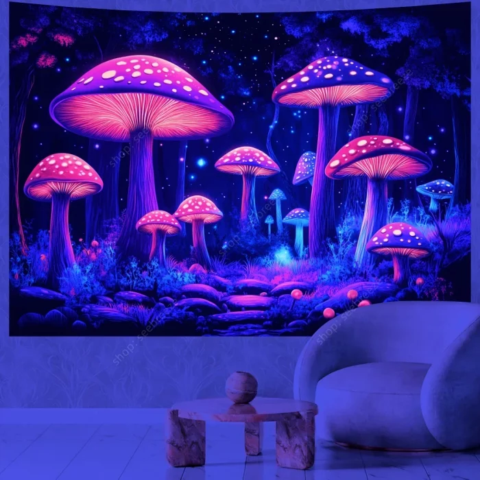 Mushroom Forest UV Reactive Tapestry Wall Hanging for Psychedelic Art Mystic Kawaii Room Decor Mandala Yoga Mat Picnic Carpet - Image 6