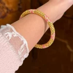Luxury 24K 9999 Pure Gold real gold Women's Peach Blossom Enamel Filament Bracelet