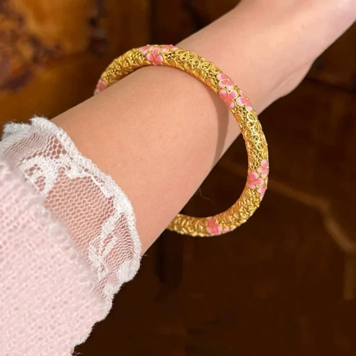 Luxury 24K 9999 Pure Gold real gold Women's Peach Blossom Enamel Filament Bracelet - Image 1