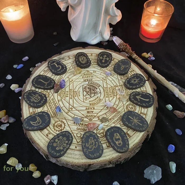 Wood Runes Stone Set Witches Rune Set 14 PCS Engraved Rune Symbol for Divination - Image 3