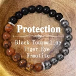Triple Protection Bracelet:Tiger Eye, Black Obsidian, & Hematite 8mm Round Protection Crystals (Gemstone Stretch Bracelet) - Image 2