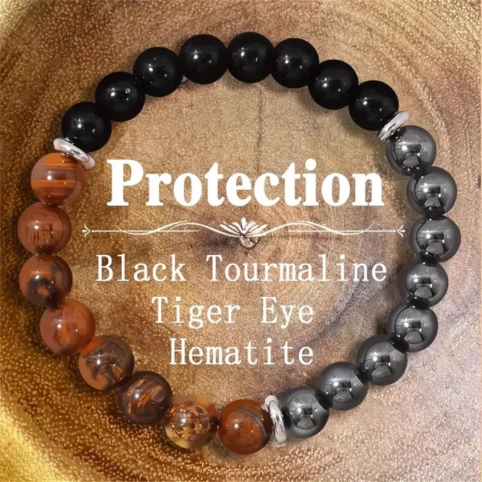 Triple Protection Bracelet:Tiger Eye, Black Obsidian, & Hematite 8mm Round Protection Crystals (Gemstone Stretch Bracelet) - Image 2
