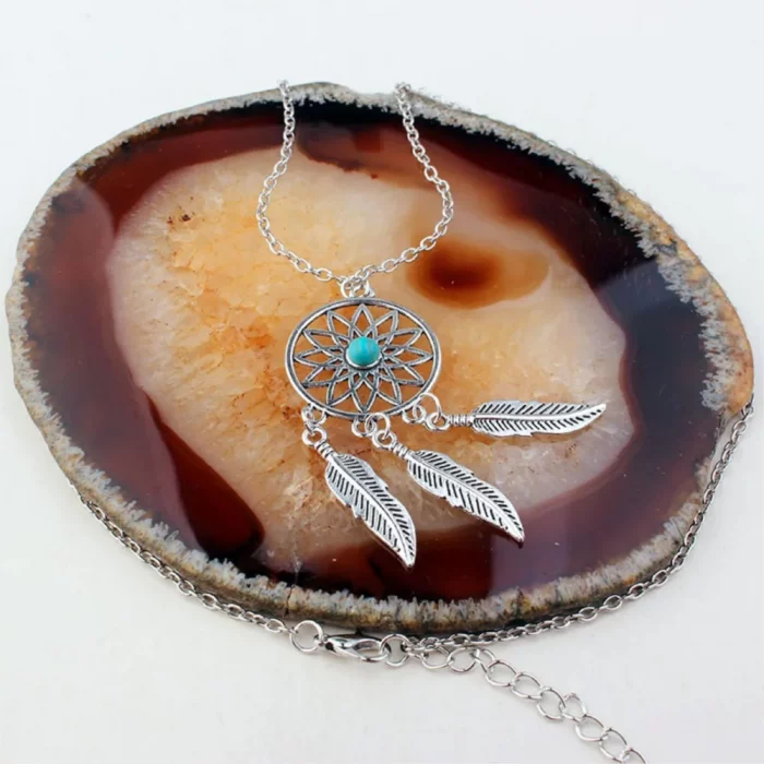 Gothic Dream Catcher Pendant Necklace For Women Retro Green Crystal Ancient Silver Color Plated Feather Leaf Jewelry Accessories - Image 6