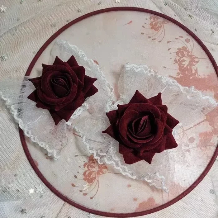 New Fashion Gothic Ruffle Lace Red Rose Wristbands Lolita Charm Bracelets Flower Mesh Hand Ornaments Lace Wristbands Accessories - Image 6