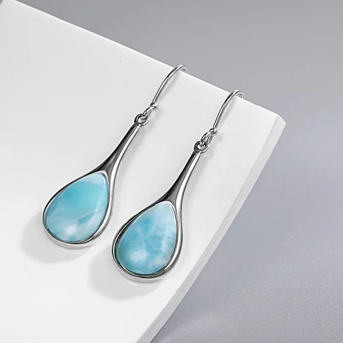New Fashion Women Streamlined Long 925 Sterling Silver Jewelry Girl Natural Precious Larimar Earrings - Image 4