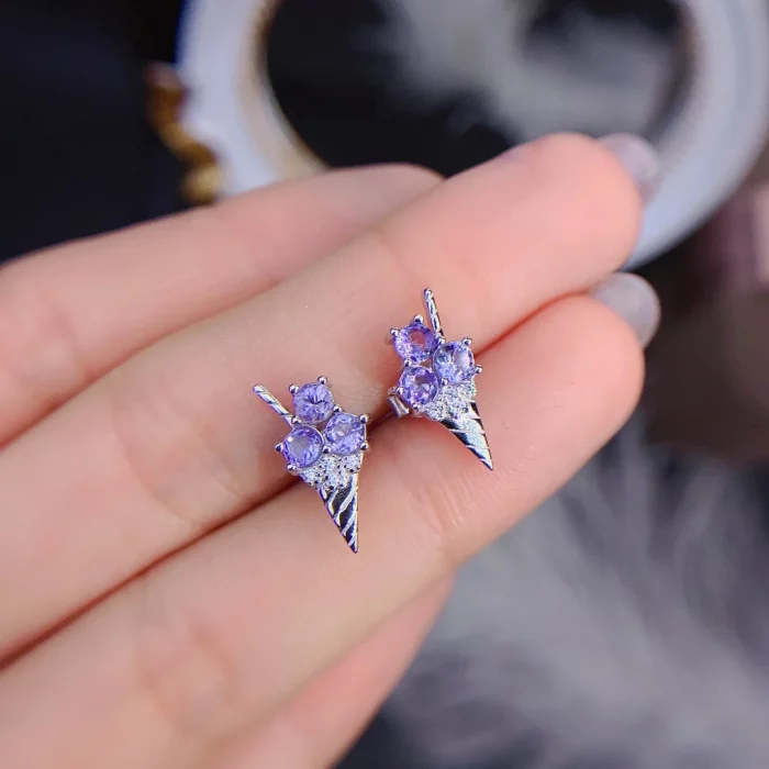 Fine Natural Tanzanite Silver Ice Cream Design Earring 3x3mm Natural Tanzanite 925 Silver Tanzanite Engagement Earring - Image 5