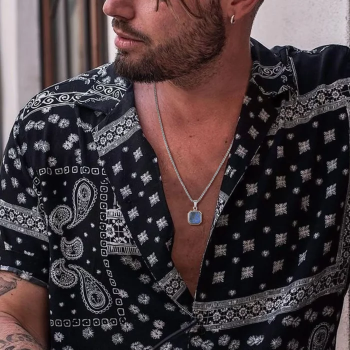 Vnox 15mm Square Pendant Necklace for Men, Gemetric Enamel Lapis Lazuli Stone Pendant with Box Chain, Simple Sport Neck Collar - Image 5