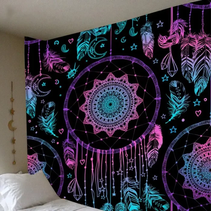 Psychedelic Dreamcatcher Moon Feather Tapestry Hippie Large Bohemian Mandala Tapestries Wall Cloth Carpet Ceiling Room Decor - Image 4