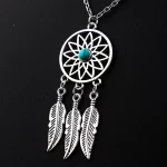 Gothic Dream Catcher Pendant Necklace For Women Retro Green Crystal Ancient Silver Color Plated Feather Leaf Jewelry Accessories