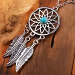 Gothic Dream Catcher Pendant Necklace For Women Retro Green Crystal Ancient Silver Color Plated Feather Leaf Jewelry Accessories - Image 2
