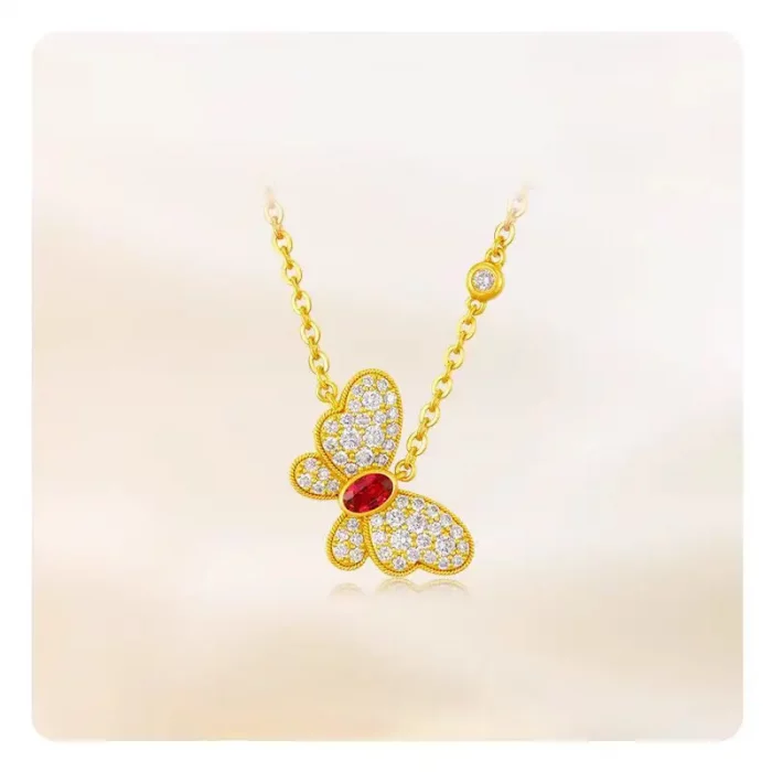 9999 24K real gold ancient style necklace fashionable ruby inlaid with small butterfly pendant as a festival gift for your girl - Image 3