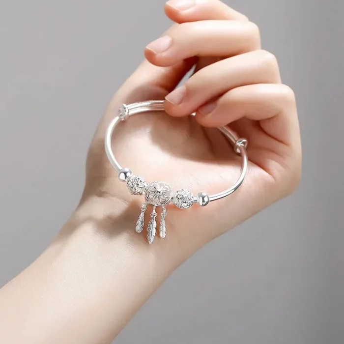 Adjustable size 925 Sterling Silver Bangle cuff Dreamcatcher Tassel Feather Round Bead Charm Bracelet jewelry For Women wedding - Image 7